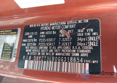 2016 Hyundai Santa Fe Sport 2.4L z USA, uszkodzony, nr VIN 5XYZT3LB0GG318654